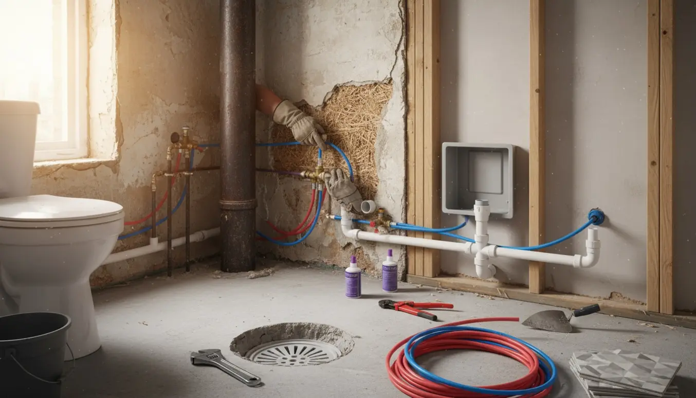 Håndværkerhænder installerer vand- og afløbsrør i et delvist totalrenoveret bad med synlige puds- og halmvægge.