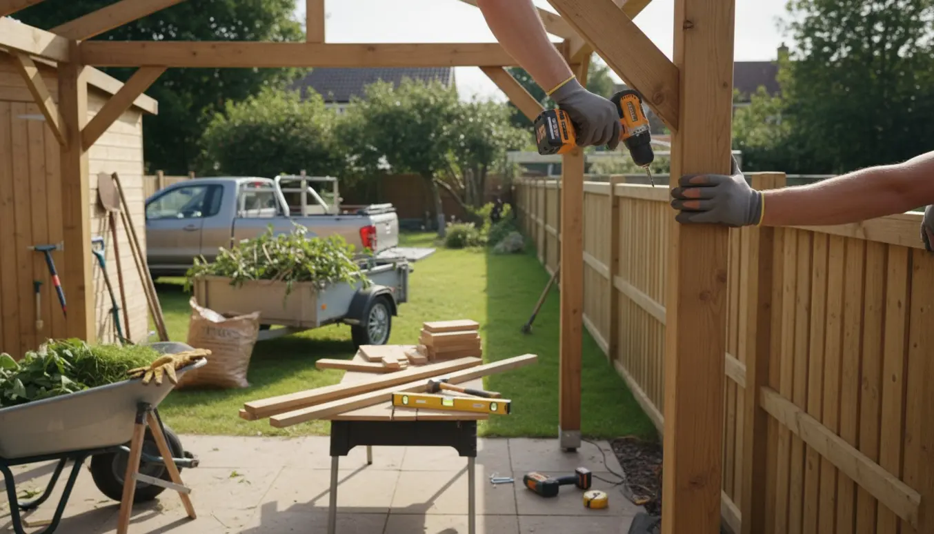 Gartner og tømrer samler en lille pavillon og monterer hegn, mens haveaffald læsses i en trailer.