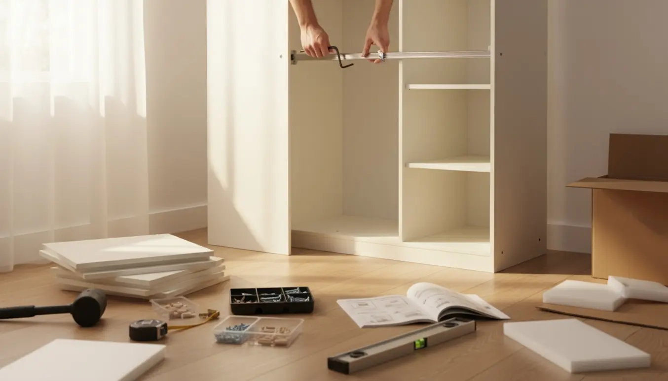 Delvist samlet Locus 1,8 klædeskab i et lyst soveværelse med værktøj og dele på gulvet.