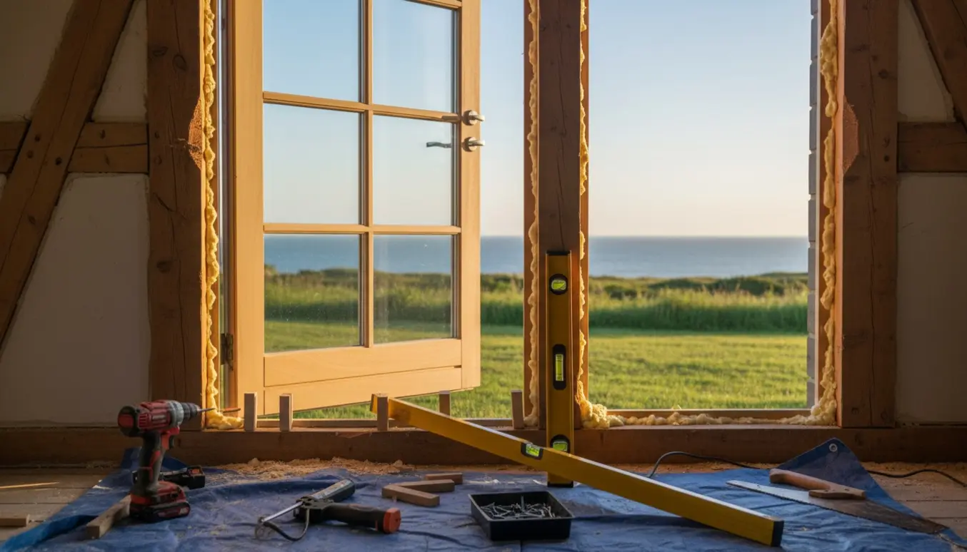 Delvist indsat terrassedør i et træhus med værktøj og udsigt til en grøn kyst.