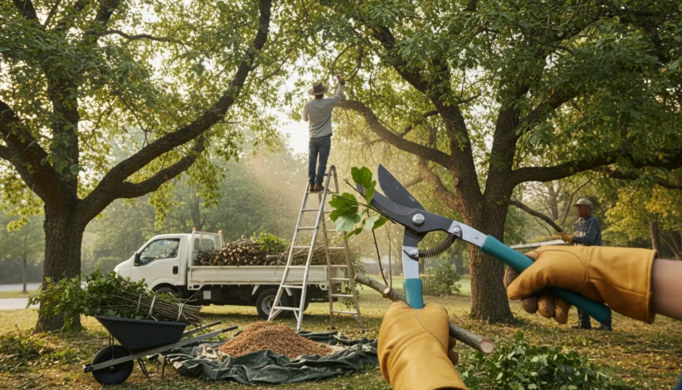 Tre træer beskæres i en have, med beskårede grene samlet klar til afhentning.