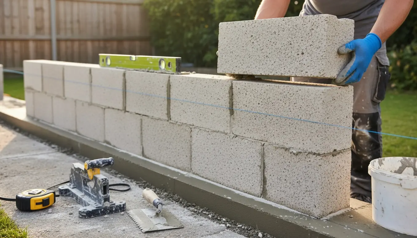 Delvist opført gasbetonvæg på fundamentsstribe med håndværker, der lægger blokke.