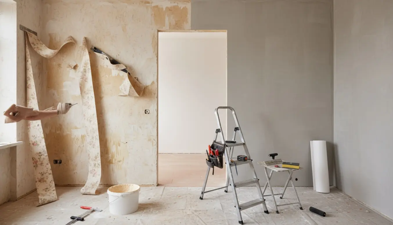 To små værelser under renovering: det ene med tapet under afskalning, det andet med spartlede vægge og filt klar til opsætning.