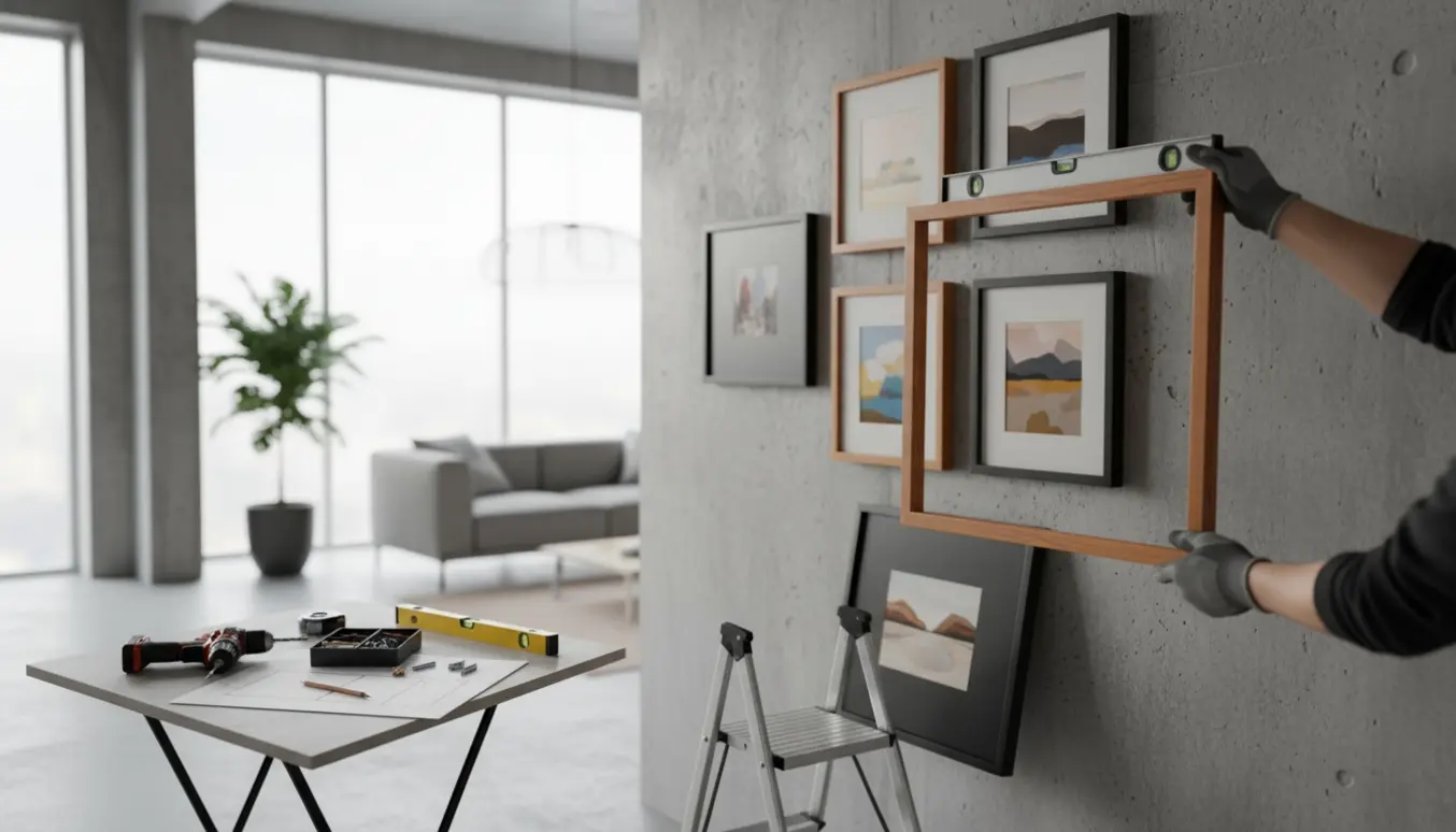 Nærbillede af hængning af seks malerier på en rå betonvæg med værktøj og stige klar.