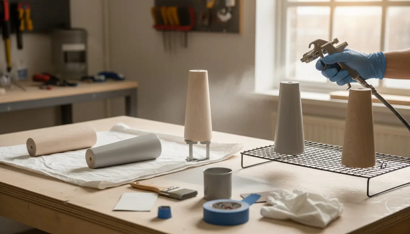 Fire sofaben males i en lys værkstedsscene med RAL 7044 grå maling og maleudstyr.