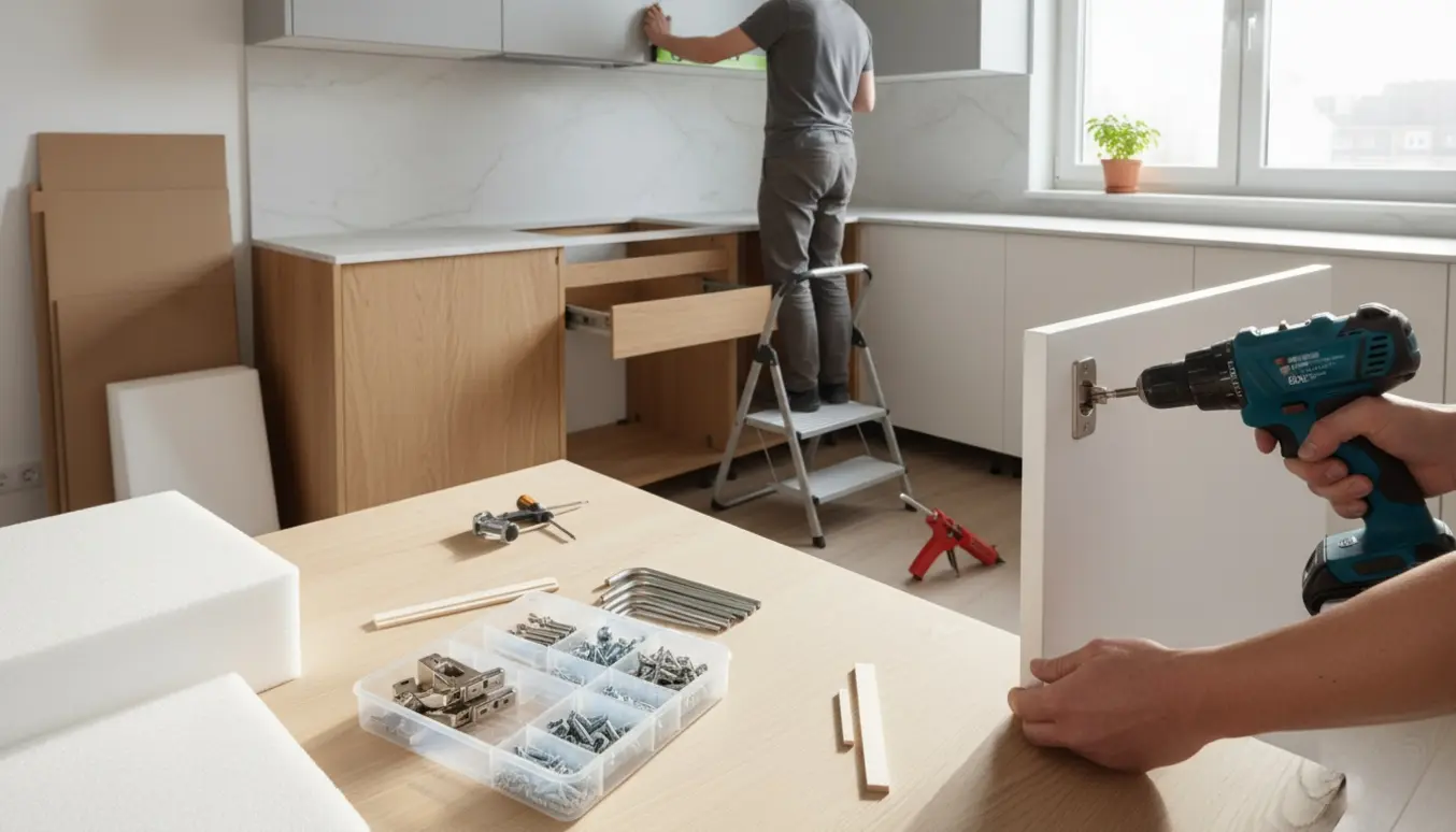 Nærbillede af færdiggørelse af et modulært køkken, hvor hænder monterer skabsdør med bore-/skruemaskine og værktøj på bordet.