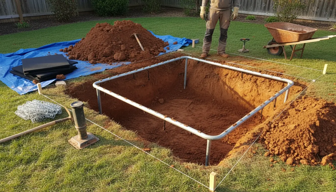 Rektangulært gravehul i lerjord klar til nedgravning af trampolin med skovl og trillebør i baghaven.