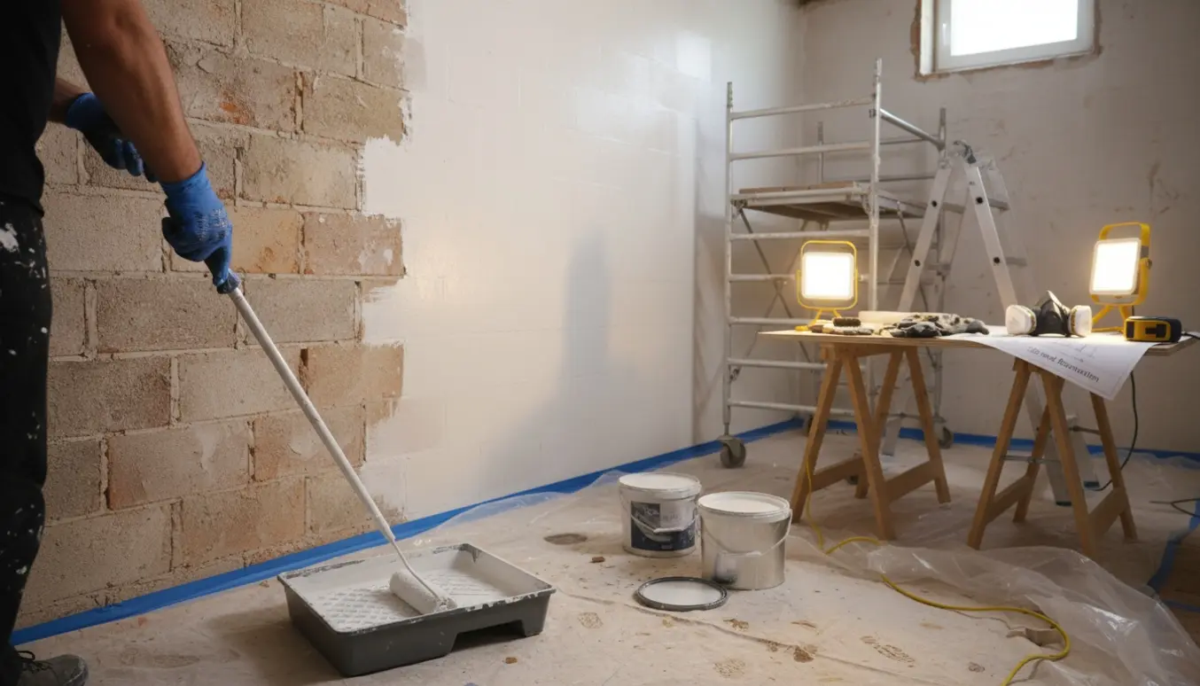 Halvmalet kældervæg med silikatmaling og malerværktøj i et oplyst arbejdsmiljø.