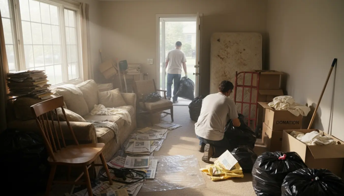 Arbejdere rydder et rodet hus for møbler og affald med handsker og masker i naturligt dagslys.