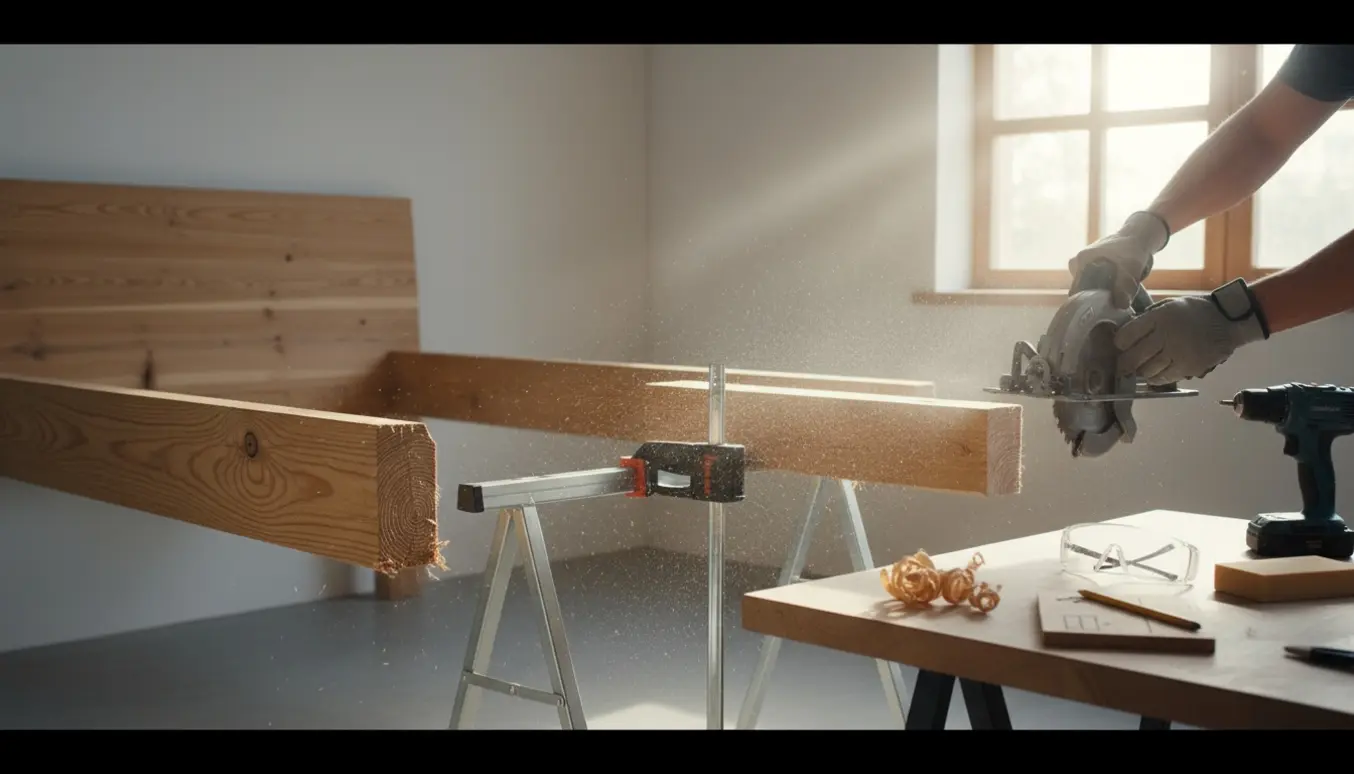 En ældre fyrretræsseng bliver savet kortere med rundsav i en lys og ryddelig værksteds- eller soveværelsesscene.