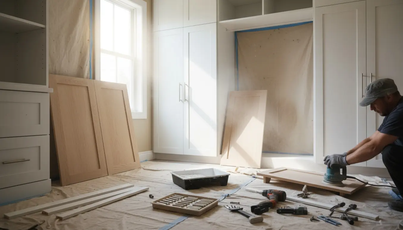 Indbyggede skabe under slibning og maling med værktøj og nye greb klar.