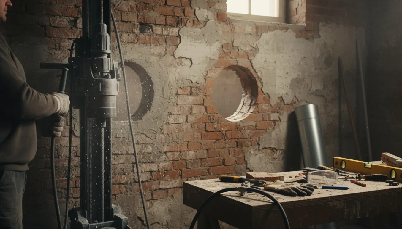 Værktøj og to borrede cirkelhuller i en ældre kældervæg klar til et 160 mm ventilationsrør.