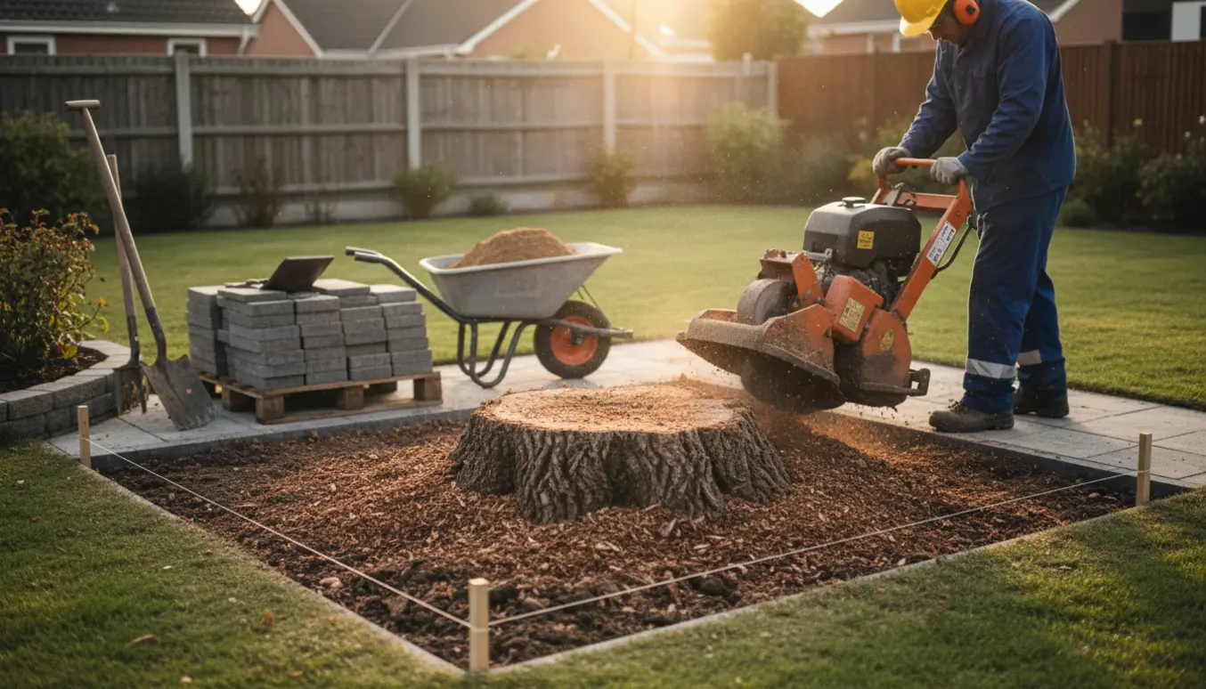 Fræsning af en gammel nøddetræstub i haven, klarlagt omkring 30 cm under jordplan med fliser og værktøj ved siden af.