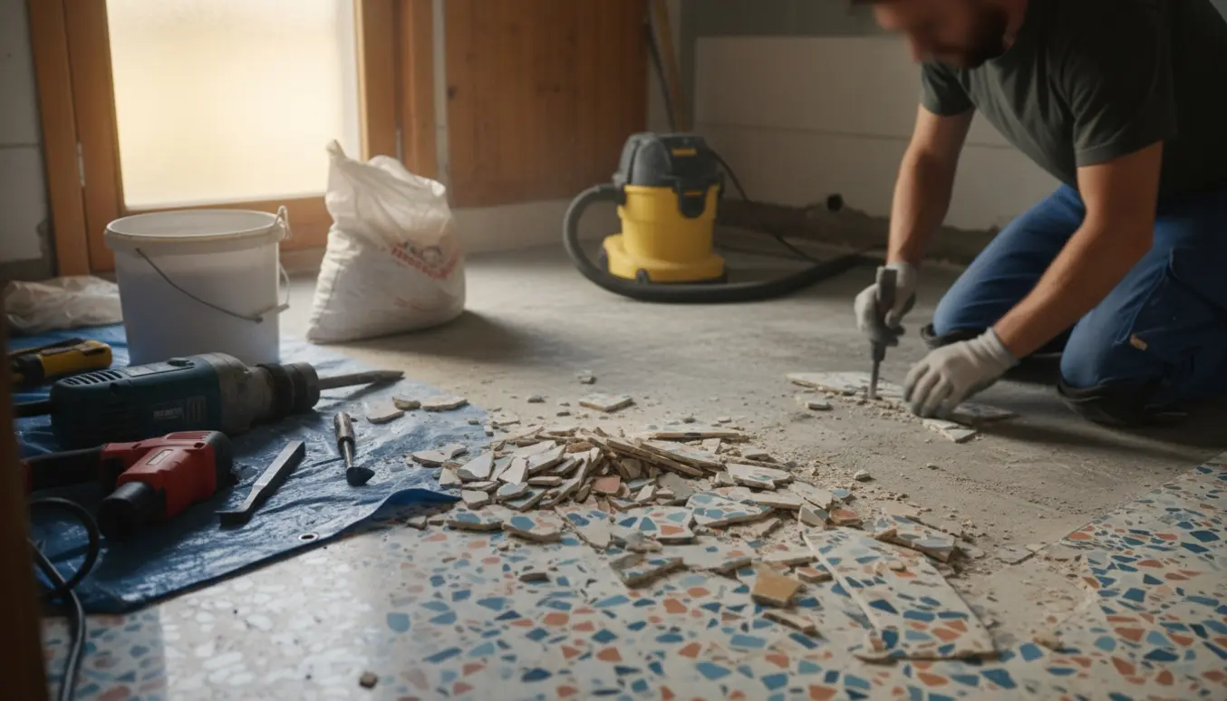 Delvist fjernet terrazzo gulv i et badeværelse med værktøj og synlig beton.