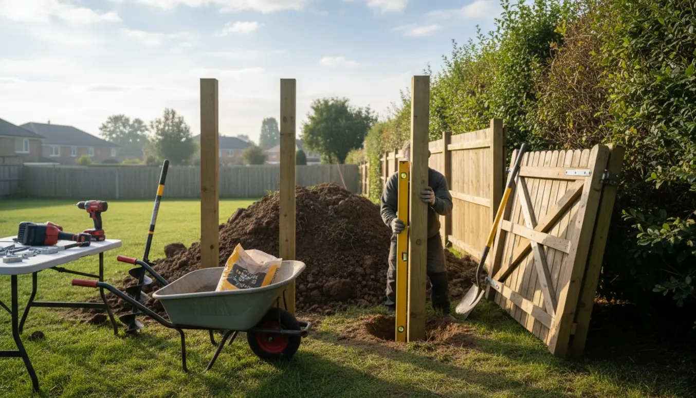 Nye træstolper sættes i en baghave for at udskifte rådne hegnsstolper.