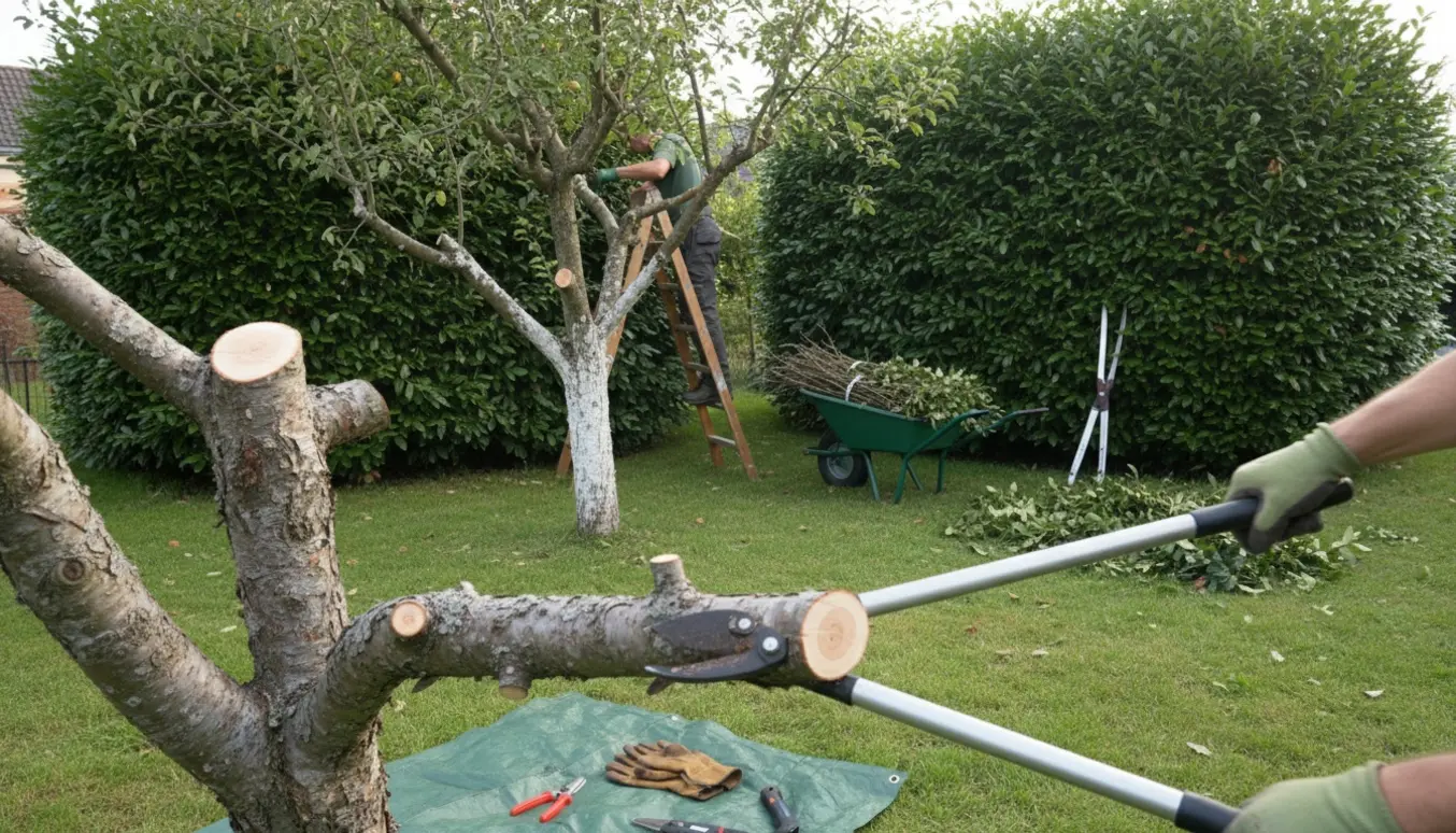 Beskæring af frugttræer og laurbærhække med afklippede grene i trillebør klar til bortkørsel.