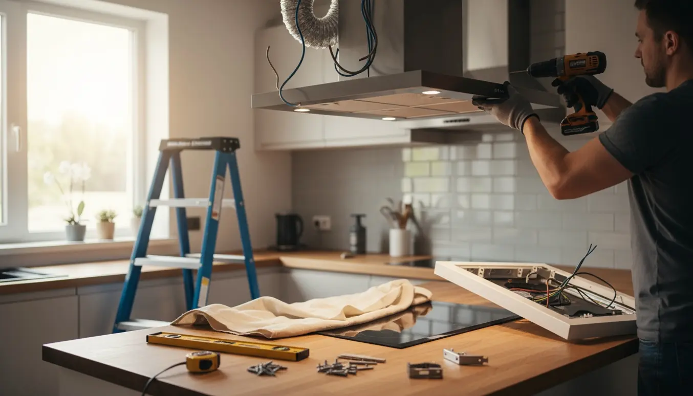 Ny rustfri emhætte hænges op i et moderne køkken, mens den gamle er pillet ned.