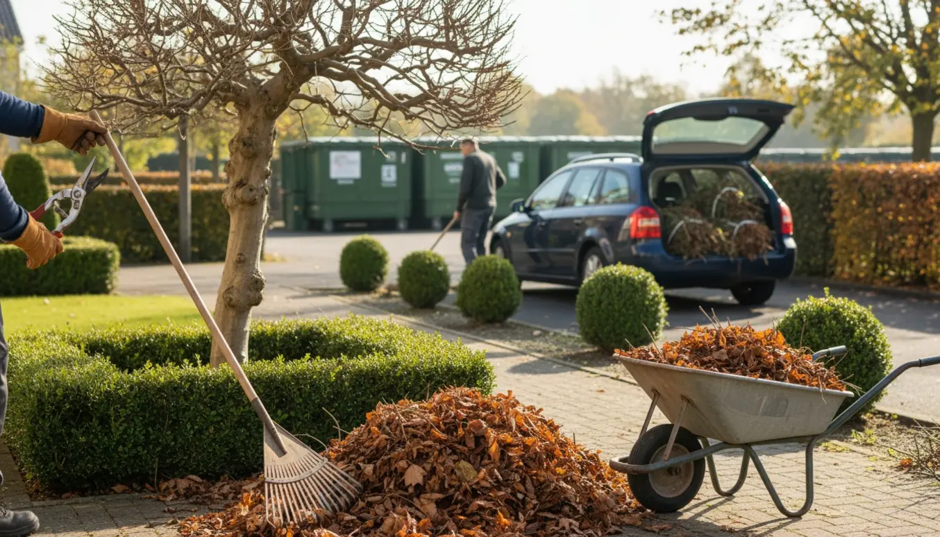 Hænder klipper et lille træ og fejer blade i en forhave med værktøj og bil klar til genbrugspladsen.