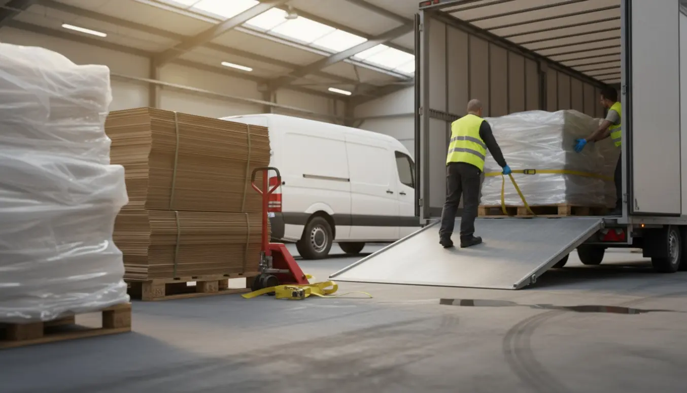 Lagerfolk læsser fladtrykte papkasser og plast ind i en lukket trailer ved en læsserampe.