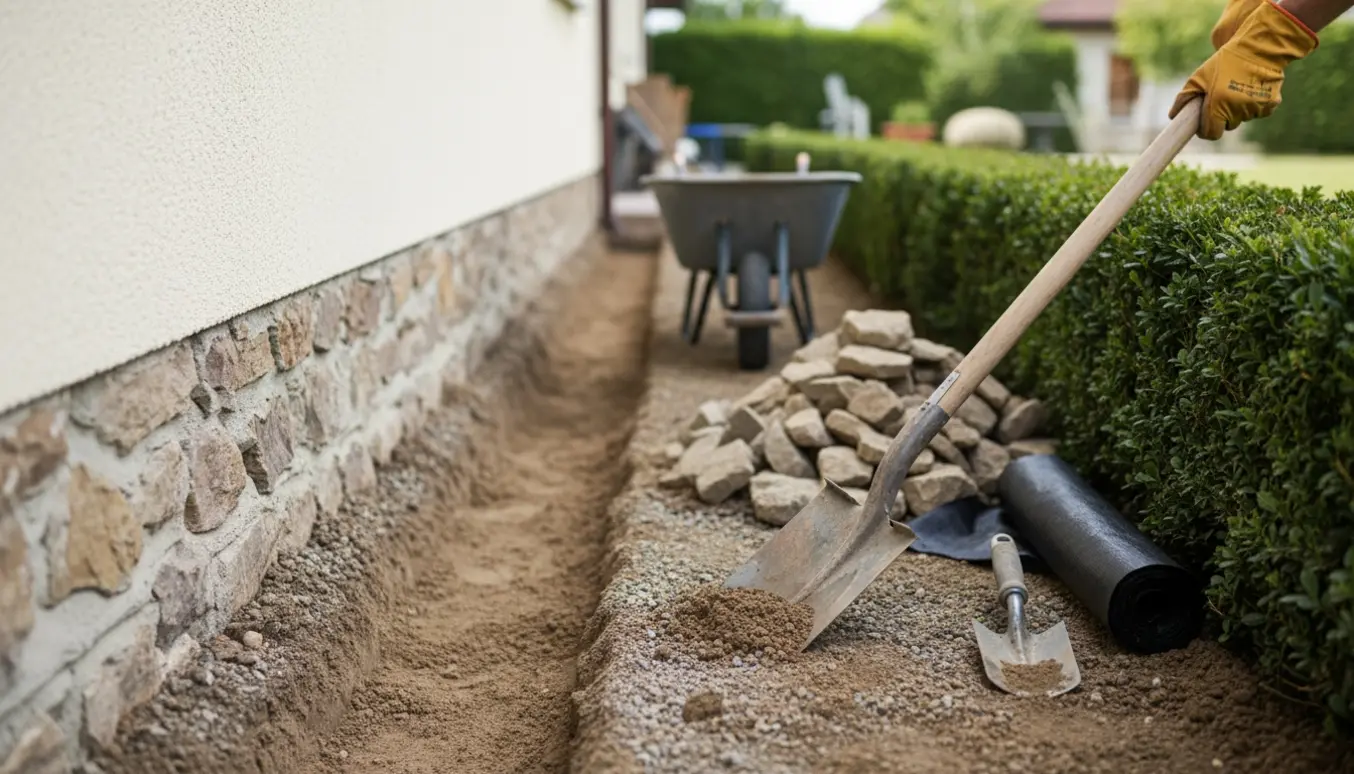 Gravning langs husets sokkel med afgravet jord, bortlagte sten og redskaber klar til at aflede regnvand væk fra huset.