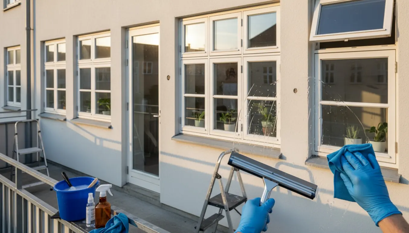 Hænder pudser lejlighedsvinduer fra anden sals balkon med gummiskraber, mikrofiberklud og rengøringsspray.