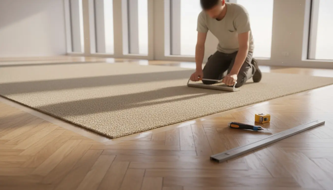 Nærbillede af et nyt kontorgulvtæppe, lagt på parket med klæbebånd langs kanten og møbler fjernet.