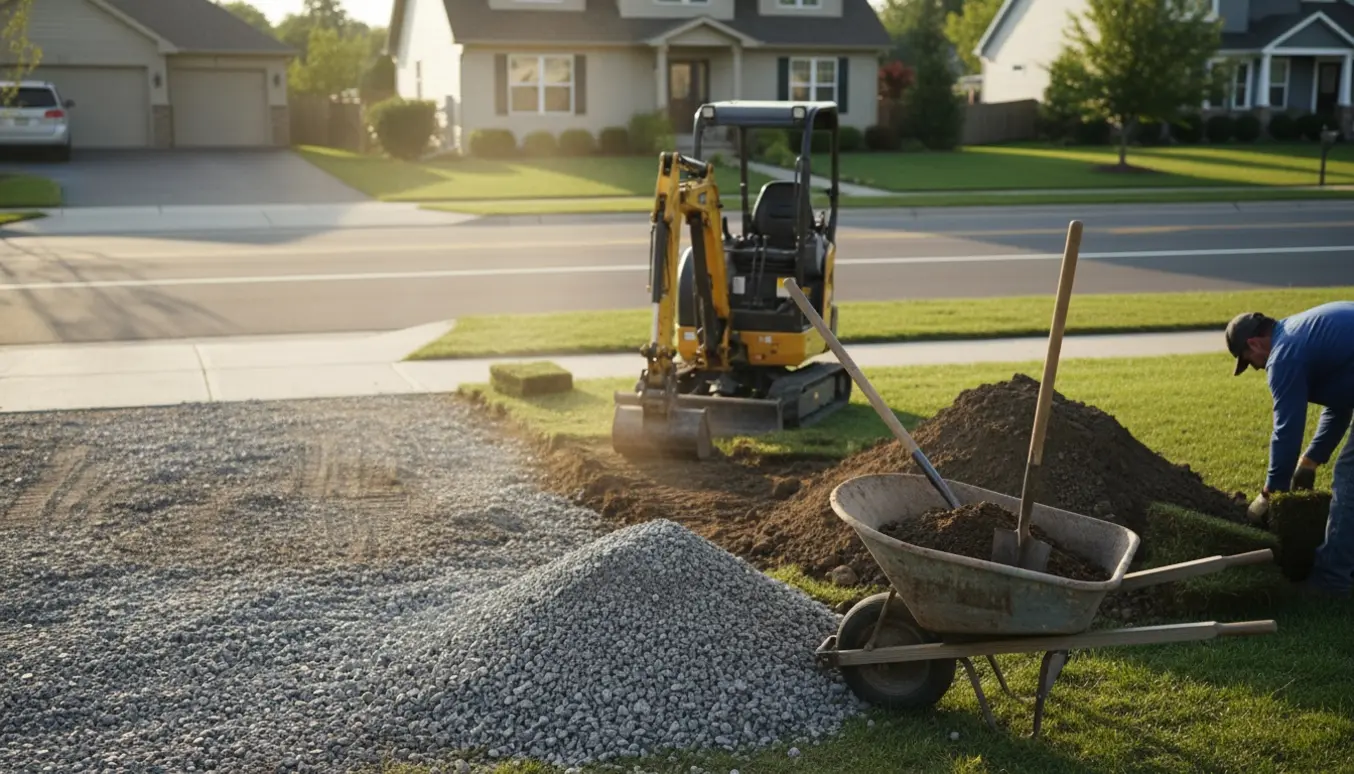 Hjørnegrund med flyttet indkørsel: gravet græs, bunker af grus og jord, trillebør og redskaber i naturligt dagslys.