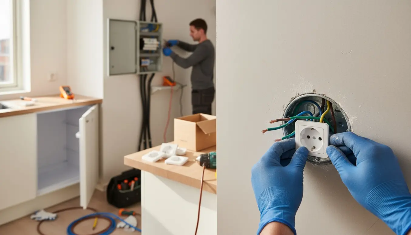 Hænder monterer stikkontakt i en nydelt lejlighed med åben eltavle og værktøj på køkkenbordet.