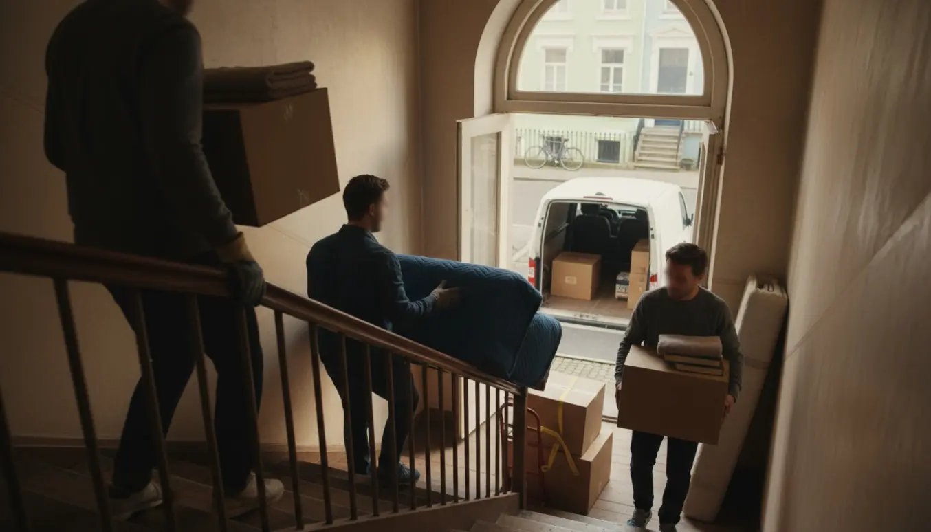 Venner bærer møbler og flyttekasser ned ad en trappe til en åben flyttevogn i en bygade.