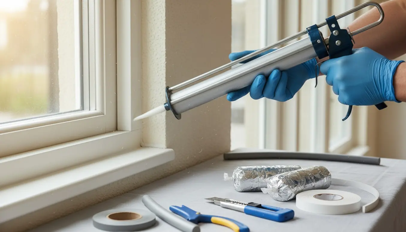 Nærbillede af fugearbejde omkring et vindue med fugepistol, fugebånd og fugepølser.