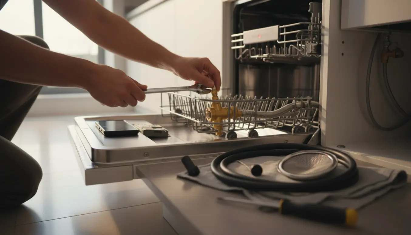 Åben opvaskemaskine med aftaget bundpanel og hænder, der tjekker vandtilførslen og filtre.