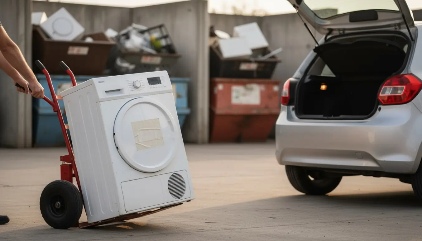 Tørretumbler på sækkevogn ved genbrugsplads klar til aflevering.