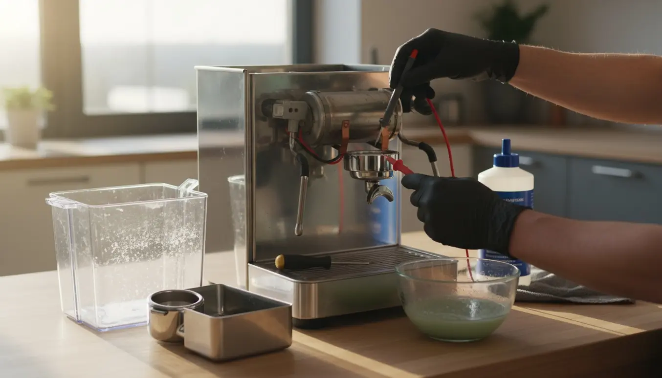 Nærbillede af en åben rustfri espressomaskine på køkkenbord med handsker og værktøj ved afkalkningsfejl.