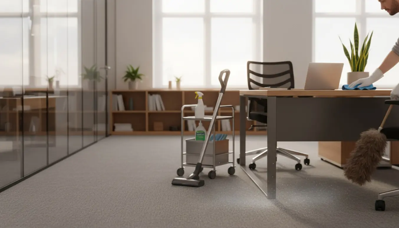 Professionel rengøring af et moderne kontor med rengøringsvogn og en person uden synligt ansigt.