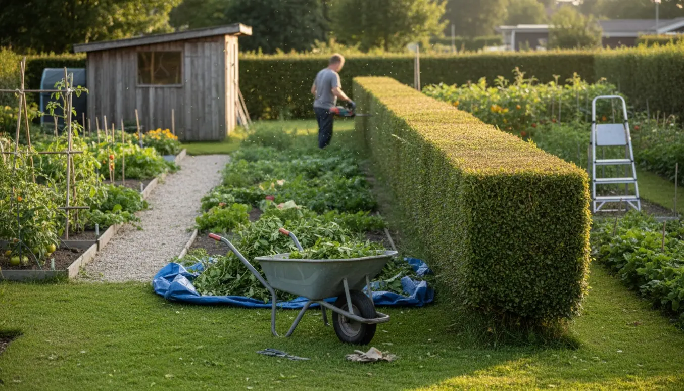Hæk klippes i en kolonihave med trimmer, riven og trailer med afklip i blødt morgenlys.