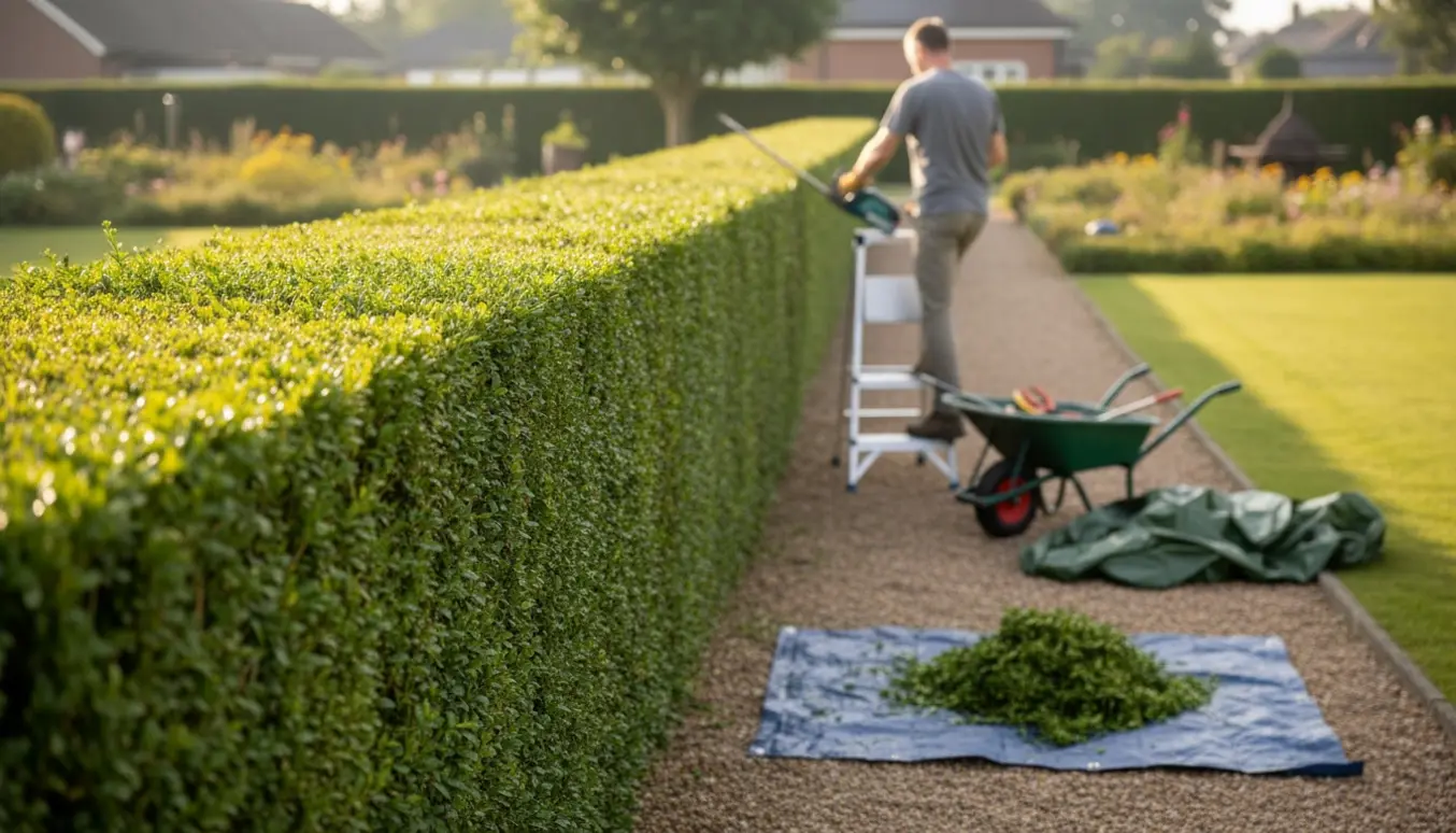 Lang, nyslået ligusterhæk på cirka 1½–2 meter med hækklipper og redskaber langs en grussti.