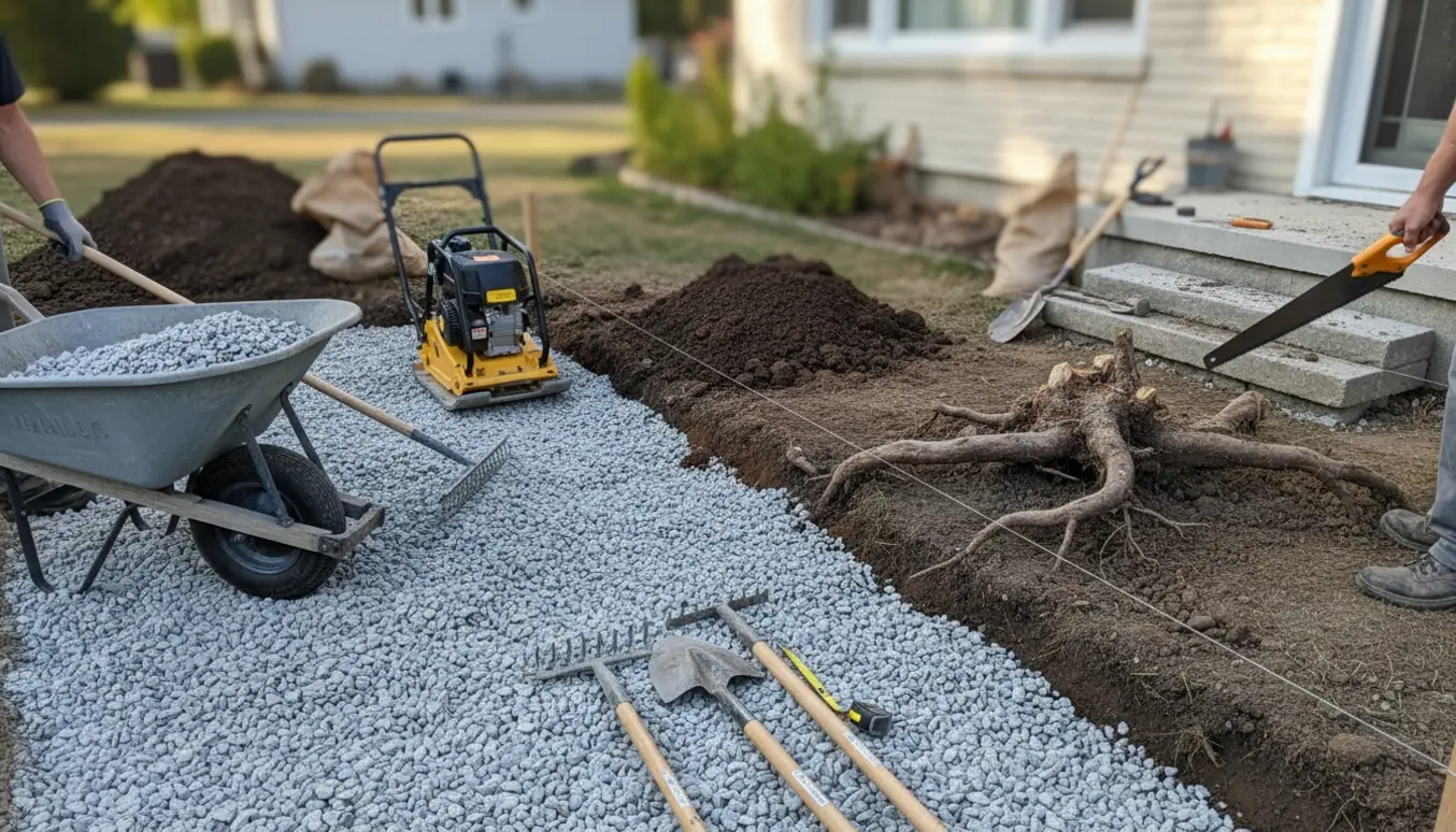 Anlægsarbejde ved husets kant med grus, udgravet jord, fjernet trin og en trærod, klar til komprimering.