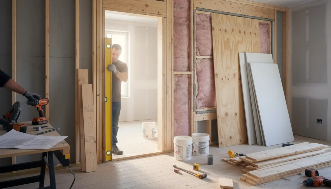 Indendørs renovering med en delvist opbygget væg, en monteret dørkarm og et blændet vindueshul omgivet af håndværktøj.