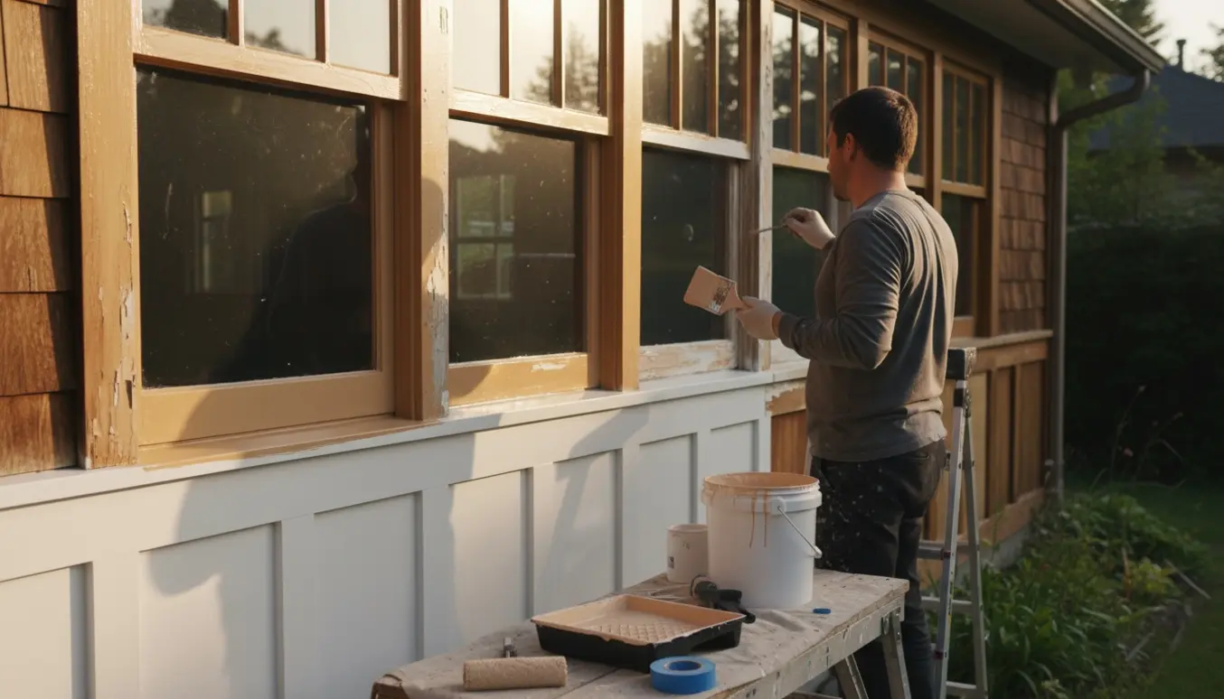Udvendigt malerarbejde med en maler, der maler træværk og vinduesrammer på et hus.