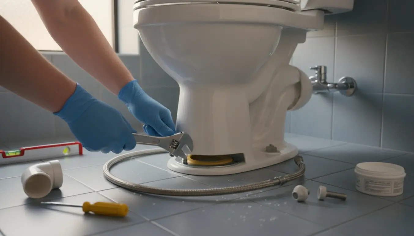 Toilet under installation med værktøj på flisegulvet og hænder, der spænder bolte.