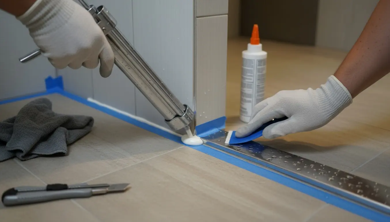 Nærbillede af hænder, der påfører og glatter ny silikone i samlingen mellem brusekabine og gulv.