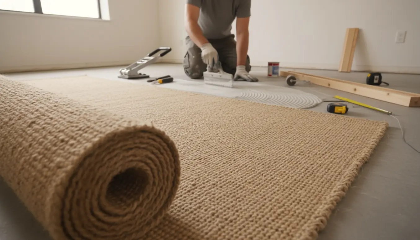 Væg-til-væg montering af sisaltæppe i et lyst rum med rulle, lim og værktøj.