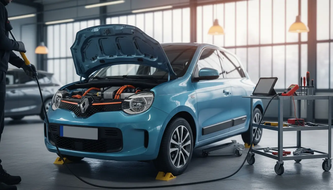 Mekaniker arbejder på en elektrisk Renault Twingo i et lyst værksted med åben forramme og ladekabel.