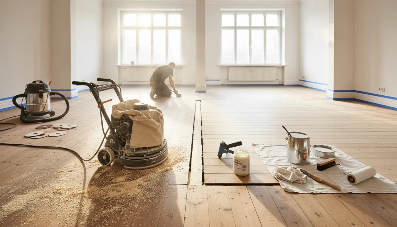Slibning og efterbehandling af et ældre trægulv med fyldning af sprækker og værktøj i dagslys.