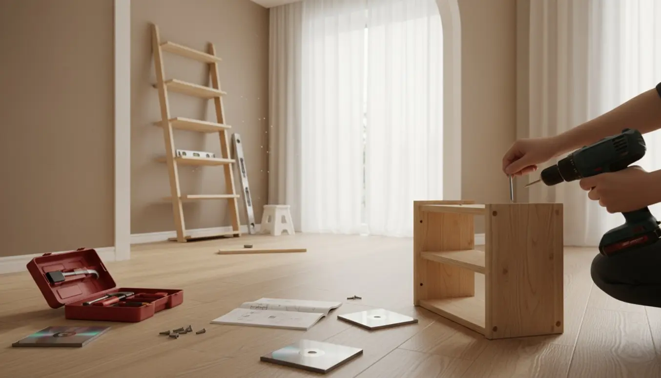 Hænder samler reoler i et lyst hjem med værktøj og hyldedele på gulvet.
