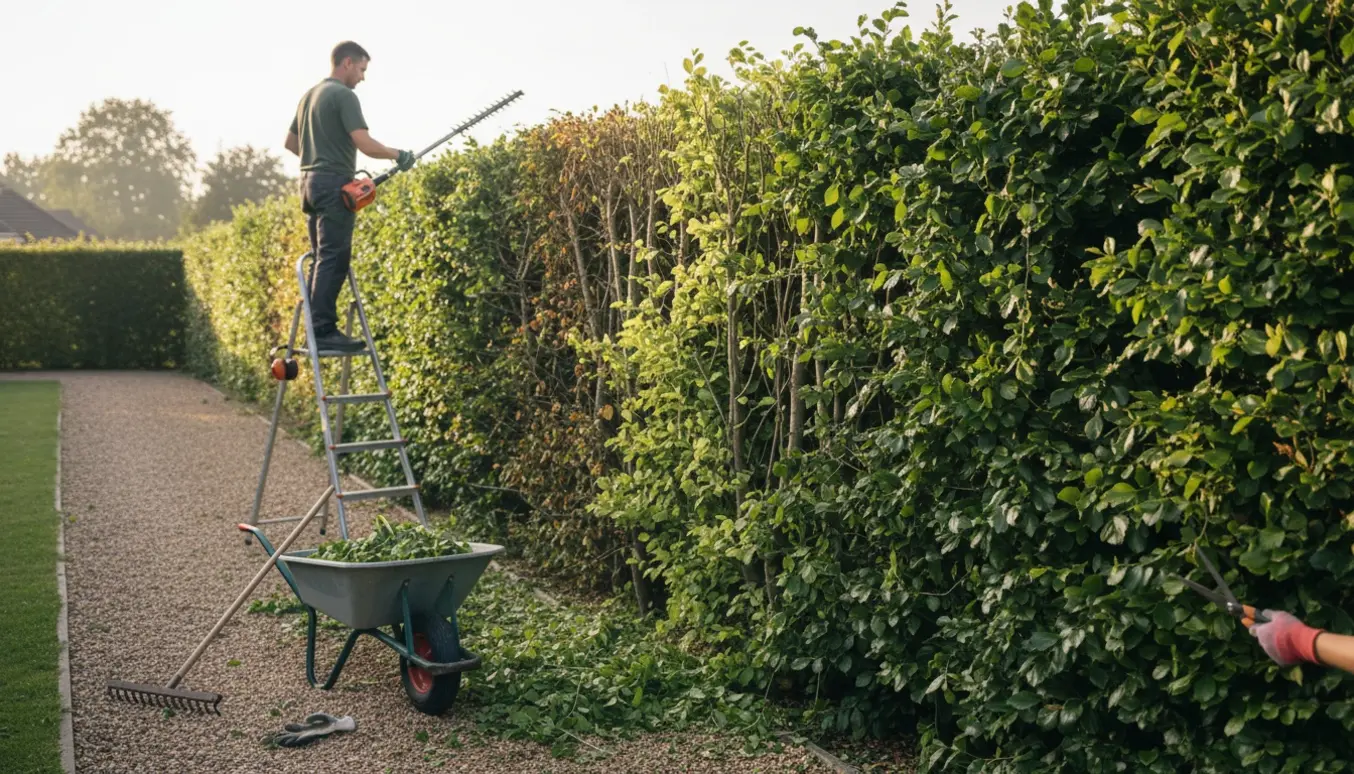 Lang bøgehæk i en have, hvor en person uden synligt ansigt trimmer toppen og siderne med hækkeklipper, med grene og blade på jorden.
