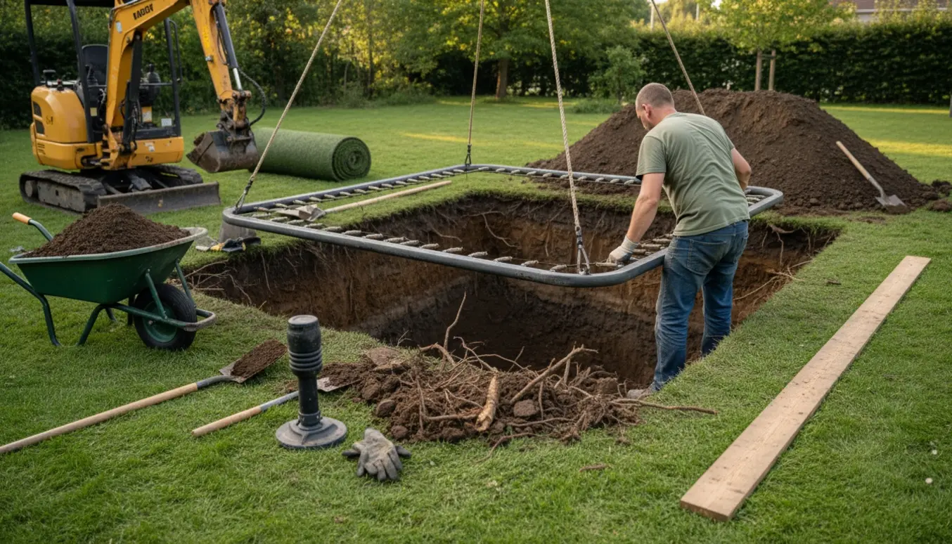 En mini-gravemaskine læsser jord og et rektangulært trampolineramme sættes i et udgravet hul i en ældre have.