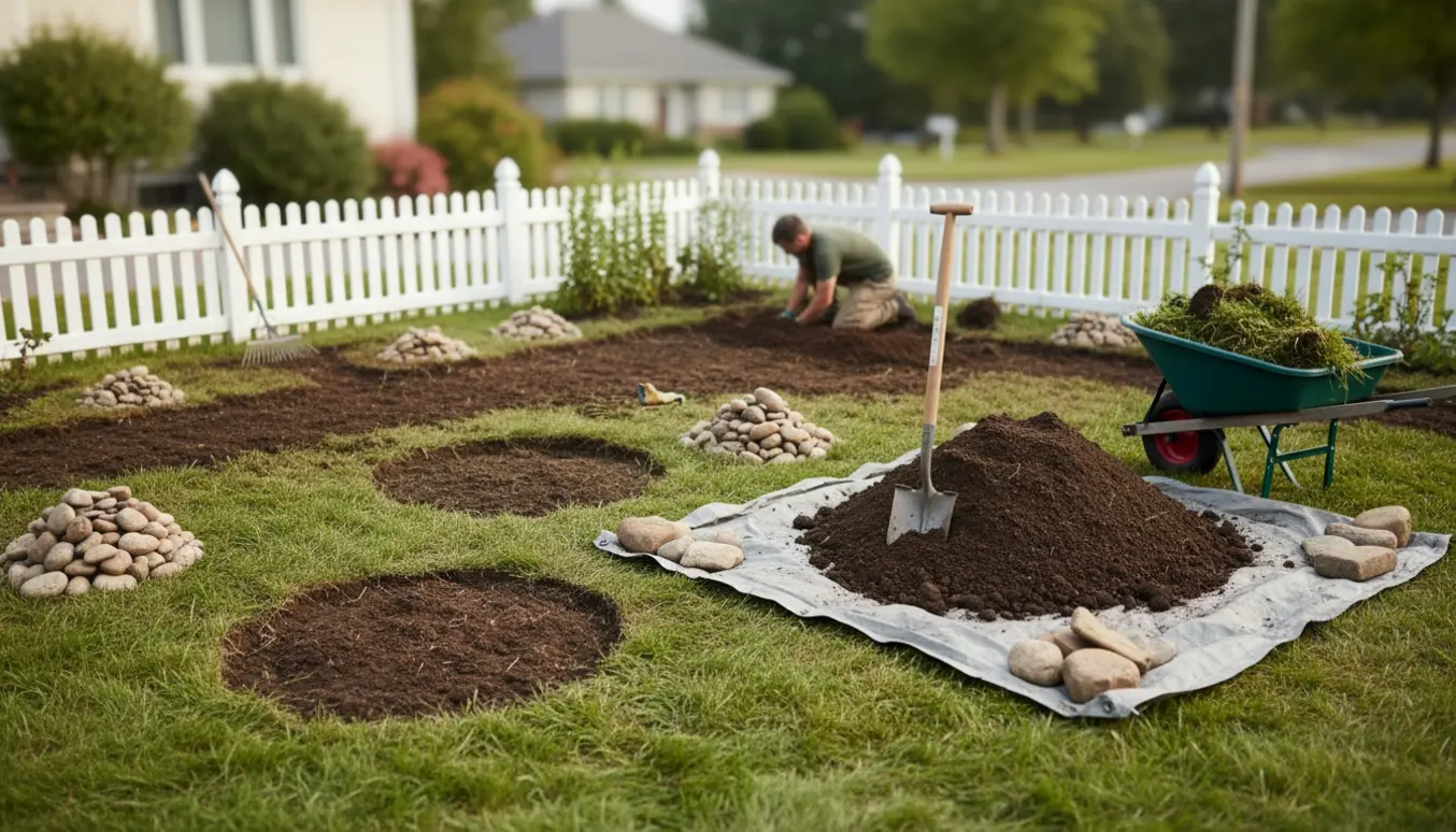 Fronthave under jordarbejde med trillebør, skovl, bunker af muldjord og ryddede flader.