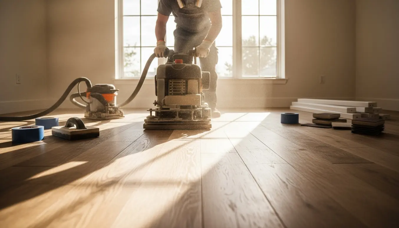 Let slibning af trægulv i et lyst værelse med slibemaskine og tydelig før‑og‑efter-overgang.