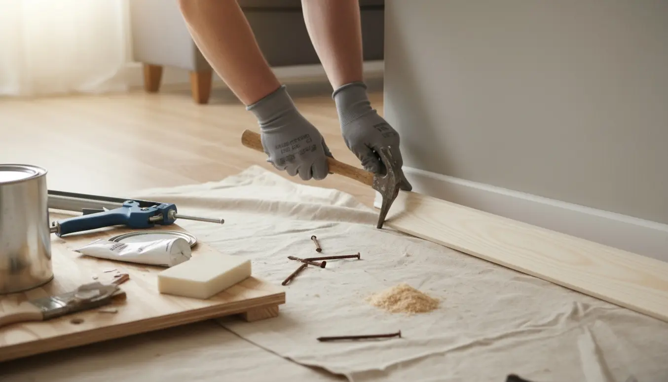 Hænder reparerer et fodpanel ved en væg med værktøj og nyt fodpanel i dagslys.